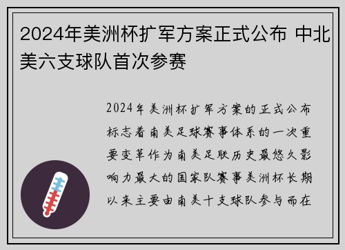 2024年美洲杯扩军方案正式公布 中北美六支球队首次参赛 2024年美洲杯扩军方案正式公布 中北美六支球队首次参赛