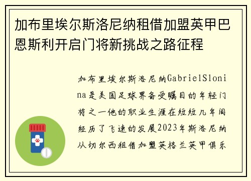 加布里埃尔斯洛尼纳租借加盟英甲巴恩斯利开启门将新挑战之路征程 加布里埃尔斯洛尼纳租借加盟英甲巴恩斯利开启门将新挑战之路征程