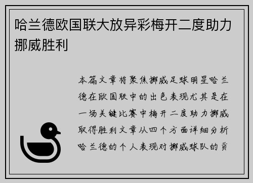 哈兰德欧国联大放异彩梅开二度助力挪威胜利 哈兰德欧国联大放异彩梅开二度助力挪威胜利