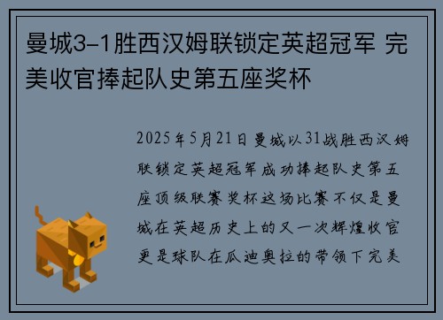 曼城3-1胜西汉姆联锁定英超冠军 完美收官捧起队史第五座奖杯